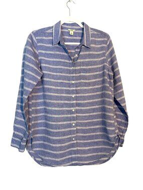 L.L. Bean Blue & White Striped 100% Linen Button-Front Long Sleeve Shirt Size M